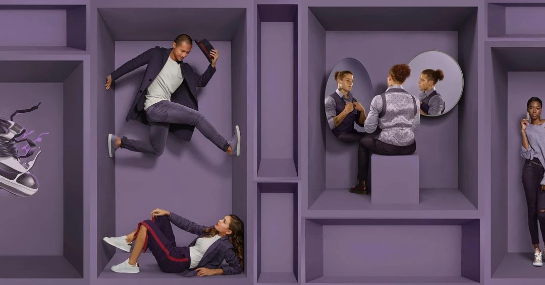 Conceptual fashion shot featuring four individuals in separate square frame boxes, one posing with a hat, one looking in a mirror, one using cell phone, one lying down.